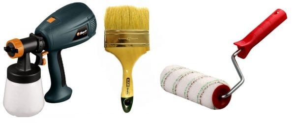 Paint tools for plastic: spray gun, roller, brush