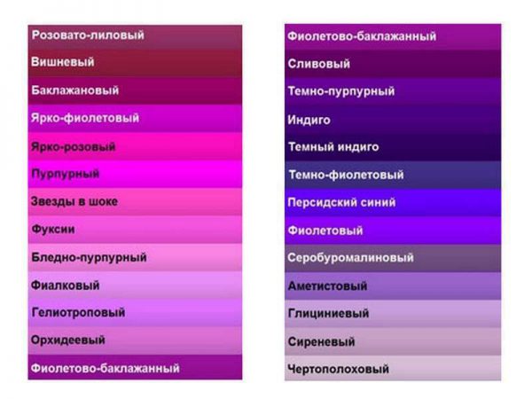 ชื่อของเฉดสีม่วงที่แตกต่างกัน