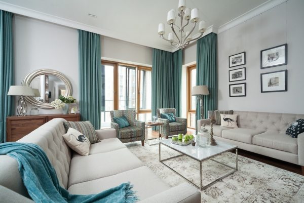 Turquoise curtains in the living room