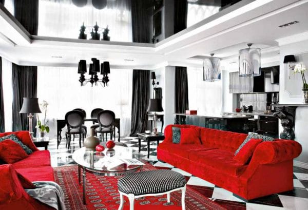 Living room in black and white and red colors