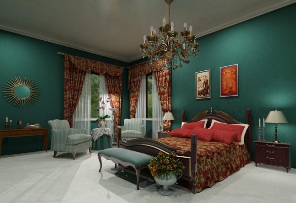 Bedroom in emerald color