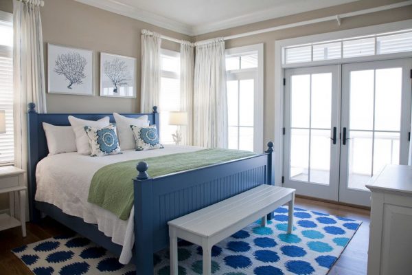 Bedroom in blue and beige colors.