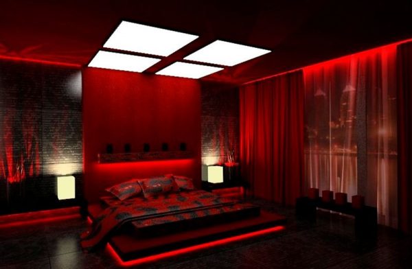 Design of a bedroom made in red shades