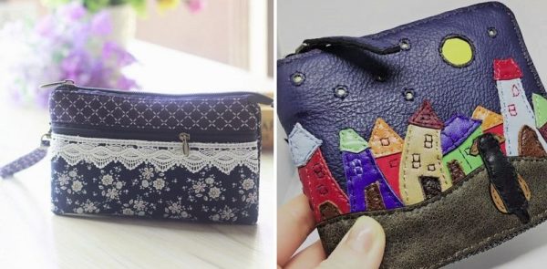 Dompet dengan renda dan appliqués kulit