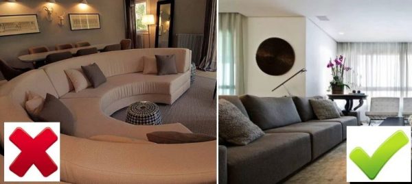 Round sofa in the interior and rectangular furniture