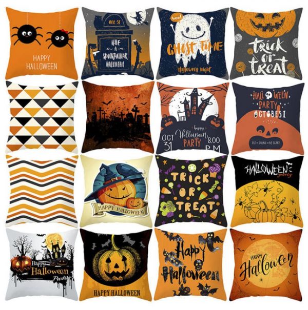 Sarung bantal Halloween dengan inskripsi dan lukisan untuk Halloween