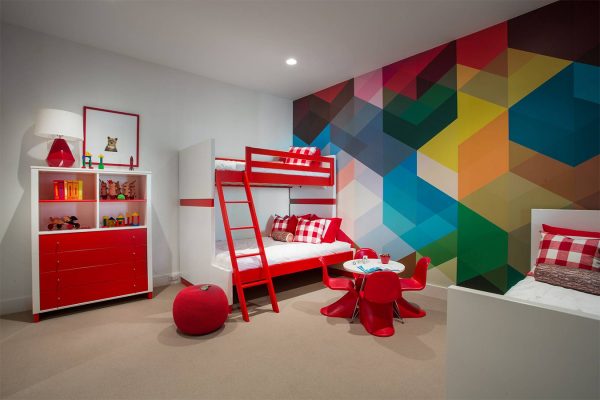 Bright geometric pattern on the wall in a children's room