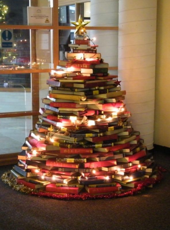 Christmas tree from a stack of books and magazines