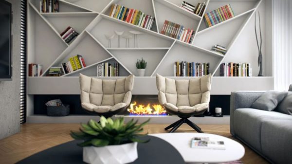 Bookcases and shelves in the interior