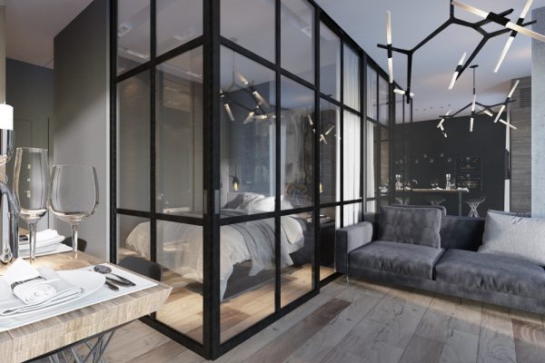 Glass partition loft in the room