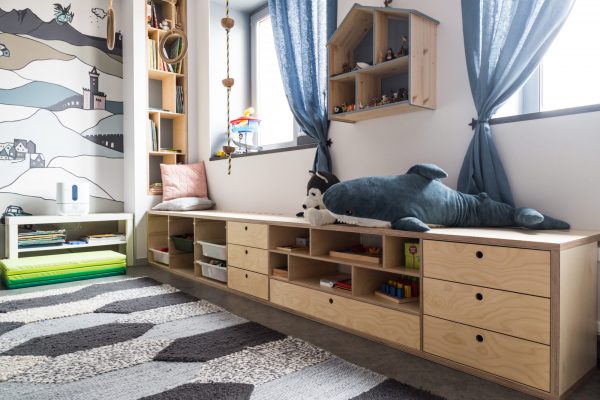 Plywood shelving for kids room