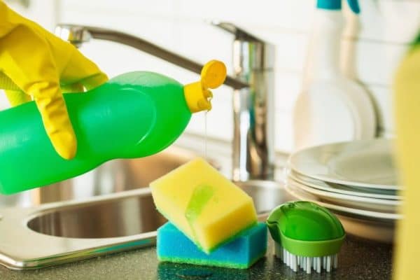 Dishwashing liquid at the sink